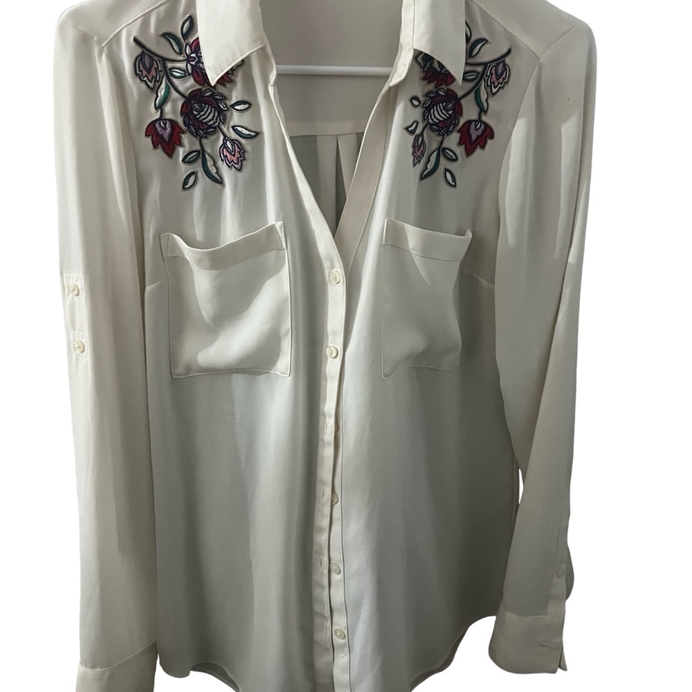Express The Portofino Shirt - Ivory Embroidered Floral Button Down